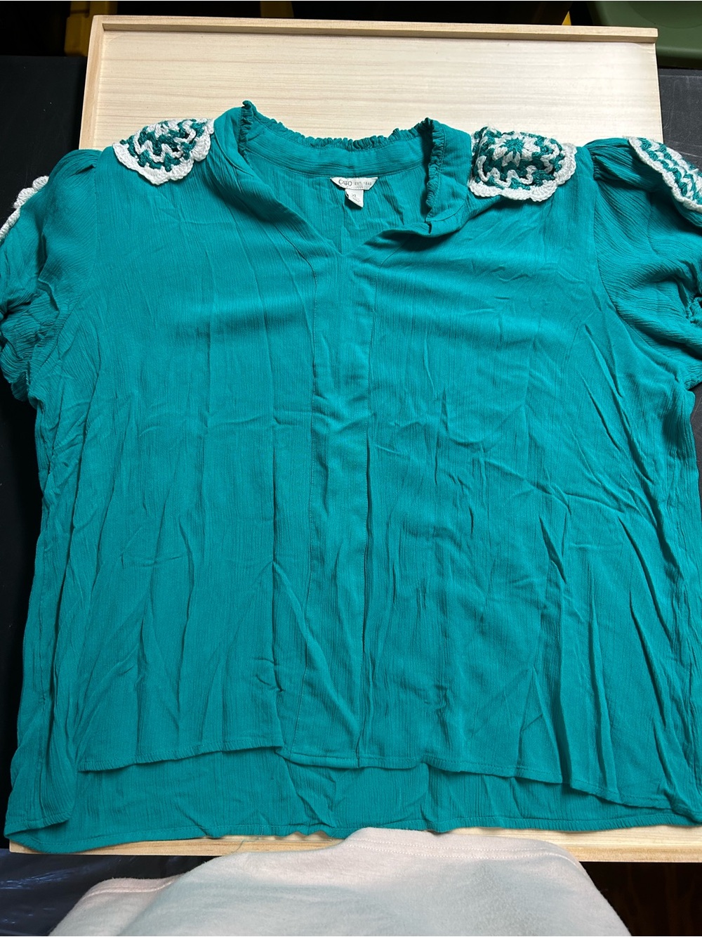 Cato Teal Blouse with White Crochet Shoulder Accents